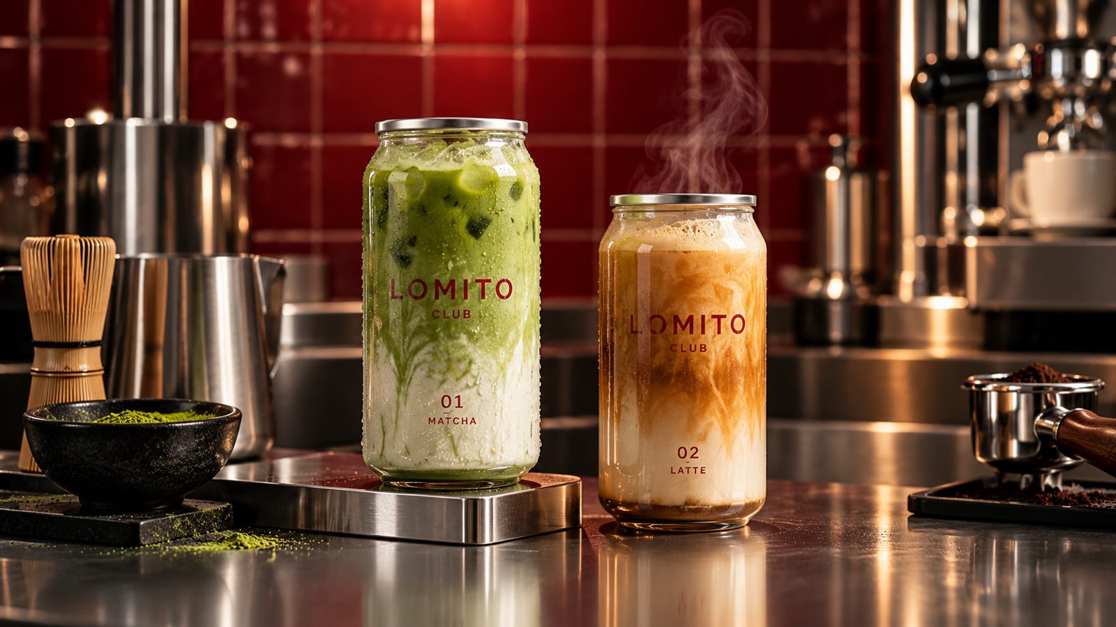Dos latas de vidrio Lomito Club, 01 Matcha y 02 Latte, sobre la barra de acero.