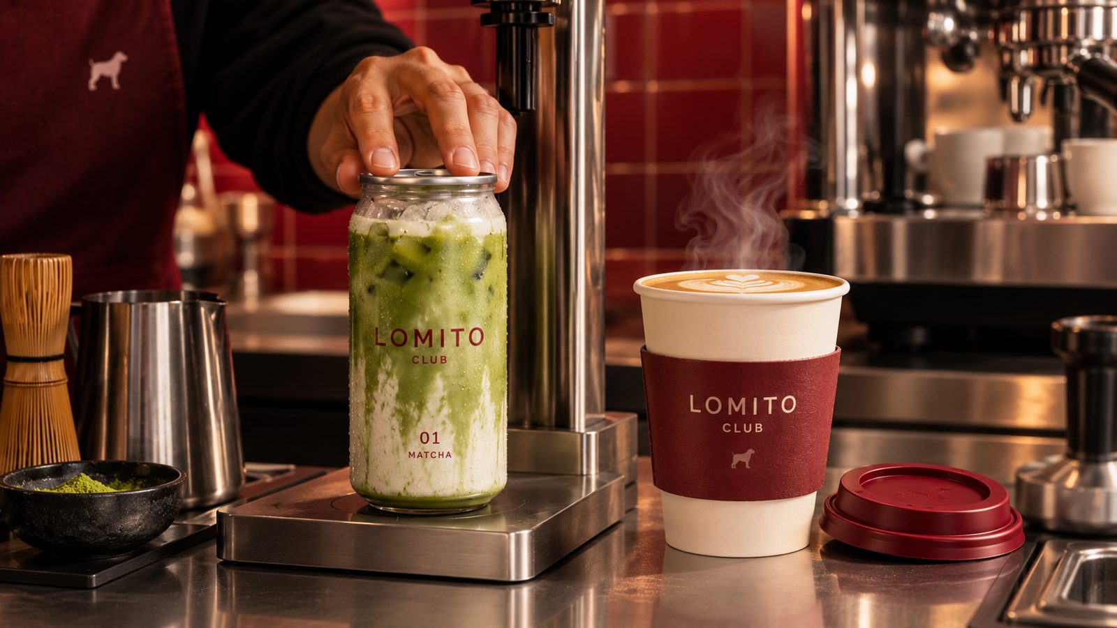 Un barista sella una lata de matcha Lomito Club junto a un café con manga roja.