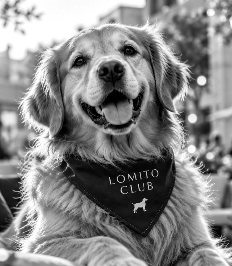 Postal Lomito: un golden retriever sonriendo con su paliacate.