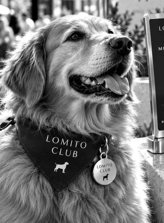 Postal Lomito: un golden retriever con su placa Lomito.