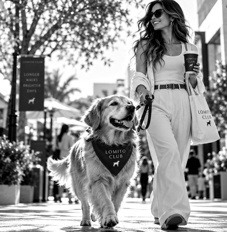Postal Lomito: una mujer pasea a su golden retriever.
